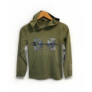 Champion Boys Size S‎ Script Over Camo Logo Hooded T-shirt Long Sleeve Green